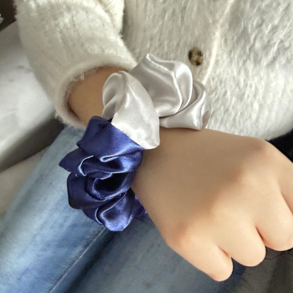 Luxury Blue/ Silver Satin Scrunchie Handmade – Hair Accessory - Picture 6 of 16